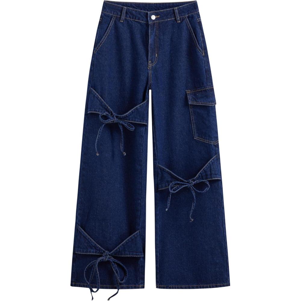 imageCIDER Baggy Jeans for Women Low Waisted Wide Straight Leg Bow Jeans Denim PantsDark Denim