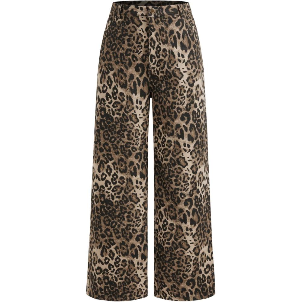 imageCIDER Denim Mid Waist Leopard Wide Leg PantsBeige