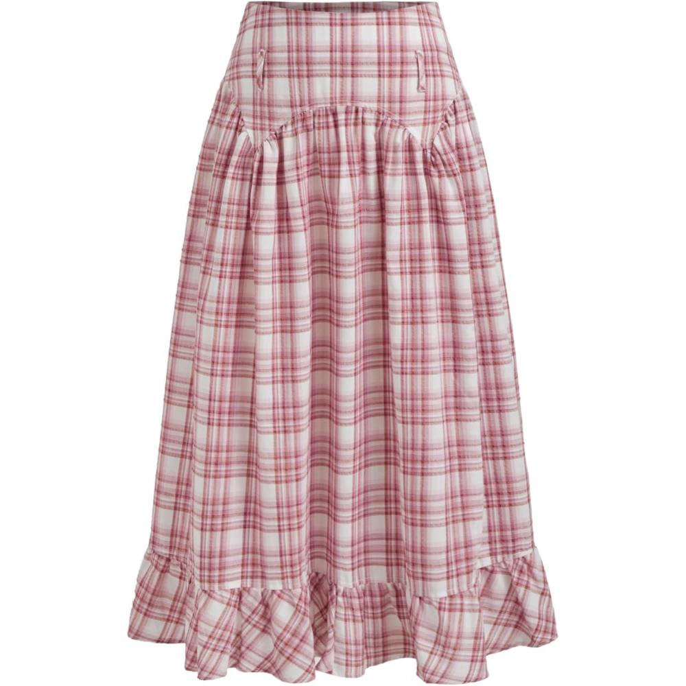 imageCIDER Gingham Long Skirts for Women Maxi Plaid Skirt A Line High Waist Summer Skirts Casual Trendy 2025Carmine