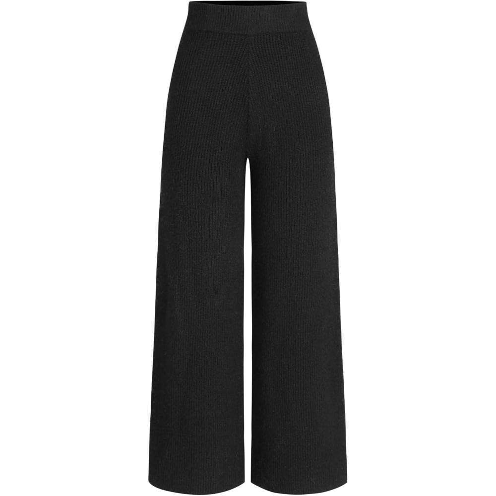 imageCIDER Lounge Pants Women Wide Leg Mid Waist Ribbed Knit Pants Casual Solid Warm WoolBlend Sweatpants Fall WinterBlack