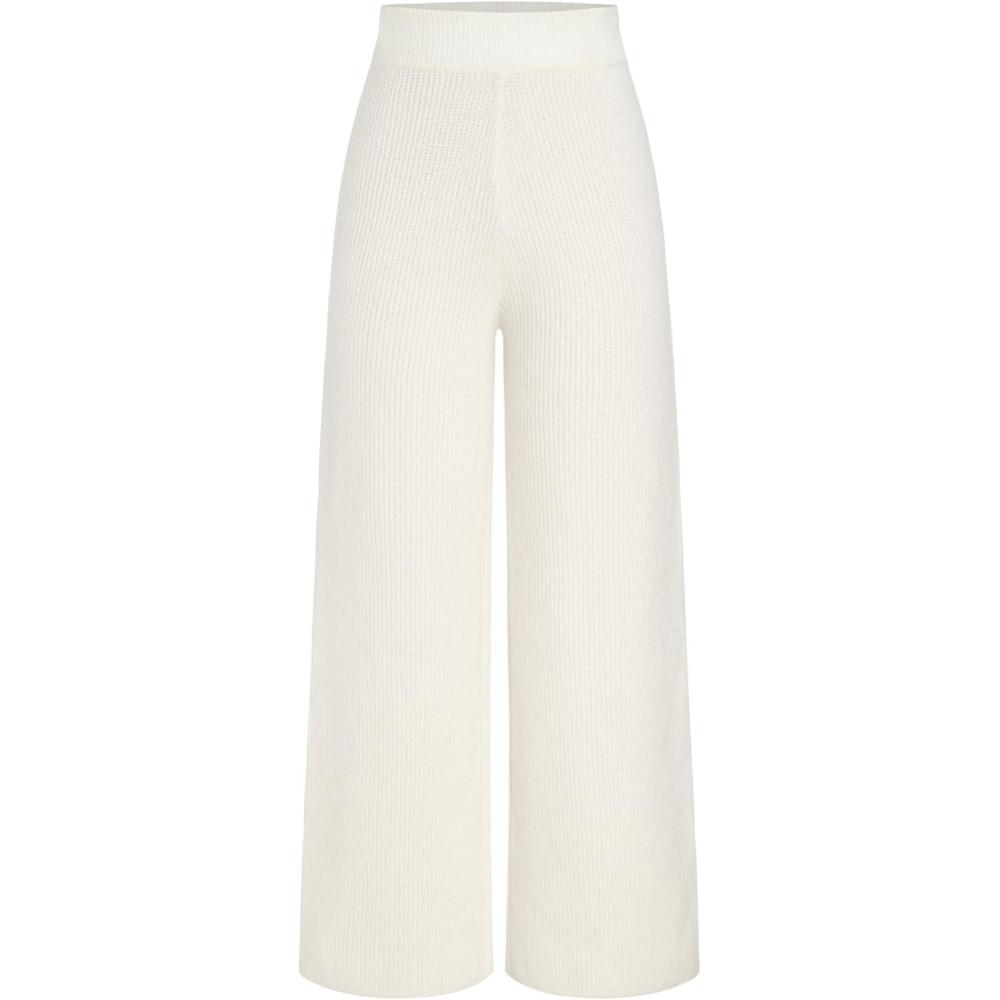 imageCIDER Lounge Pants Women Wide Leg Mid Waist Ribbed Knit Pants Casual Solid Warm WoolBlend Sweatpants Fall WinterWhite