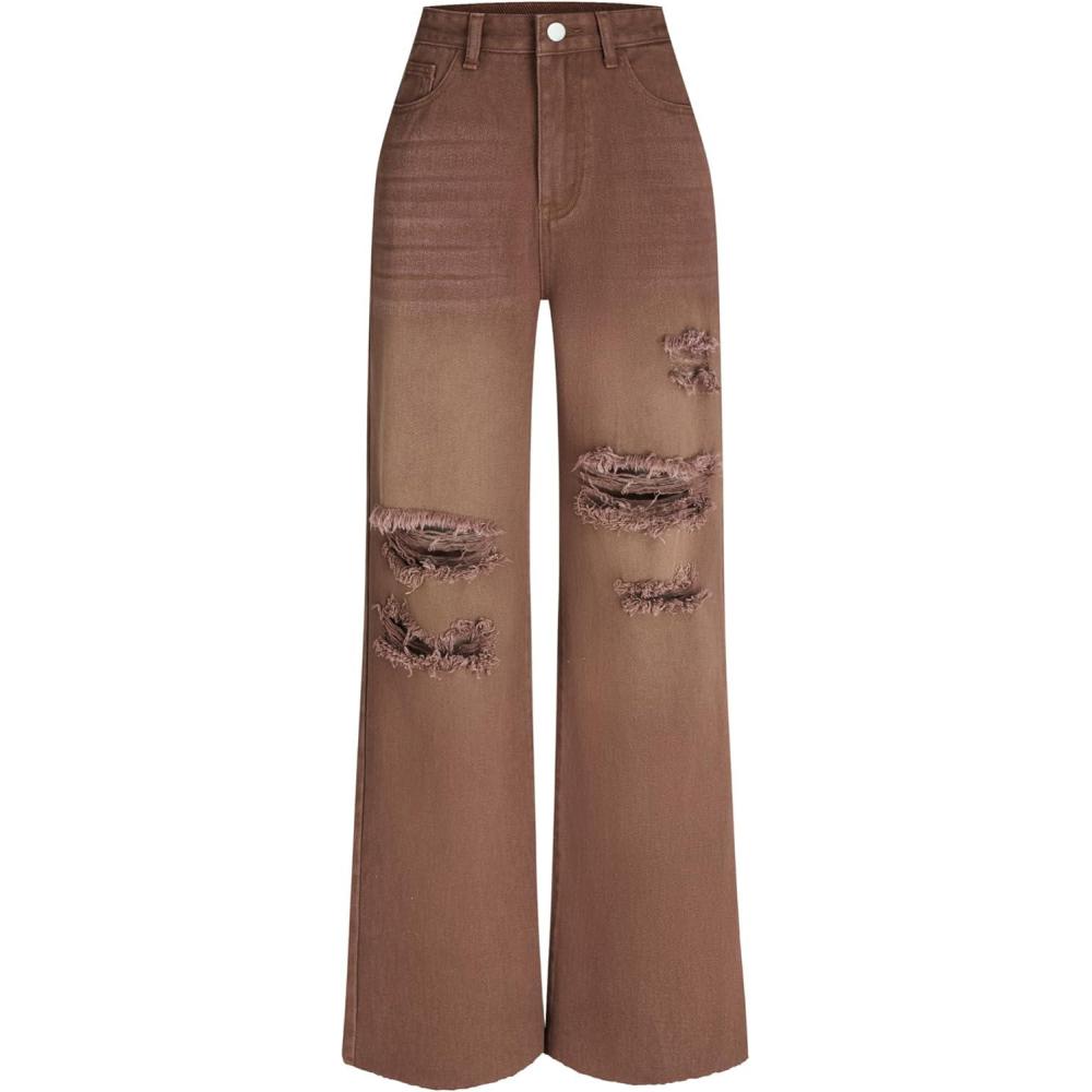 imageCIDER Womens Ripped Jeans High Waisted Distressed Baggy Straight Wide Leg PantsBrown