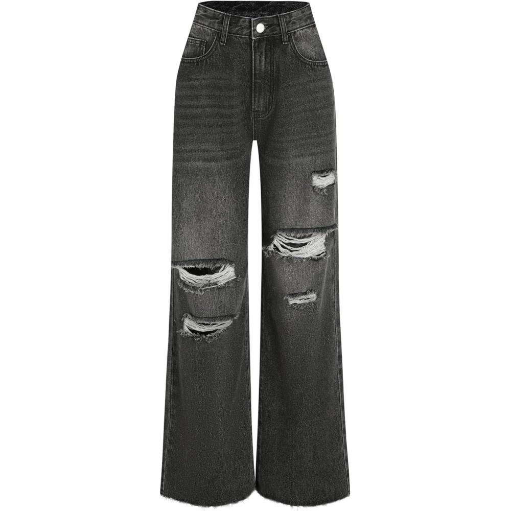 imageCIDER Womens Ripped Jeans High Waisted Distressed Baggy Straight Wide Leg PantsCarbon