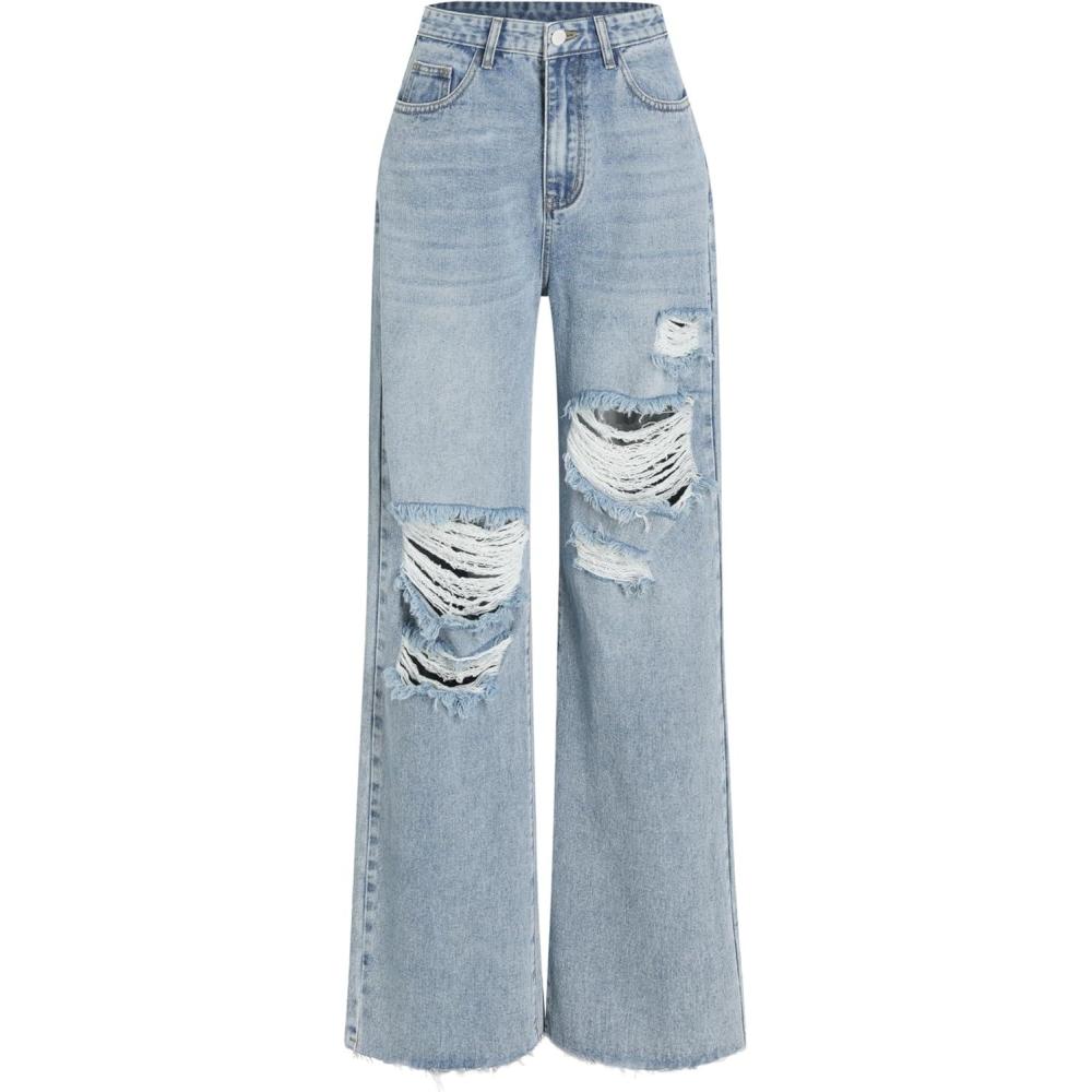 imageCIDER Womens Ripped Jeans High Waisted Distressed Baggy Straight Wide Leg PantsDenim