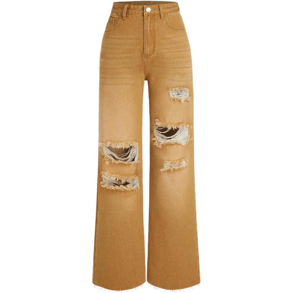 imageCIDER Womens Ripped Jeans High Waisted Distressed Baggy Straight Wide Leg PantsKhaki
