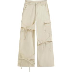 CIDER Baggy Jeans for Women Low Waisted Wide Straight Leg Bow Jeans Denim Pants(Beige)