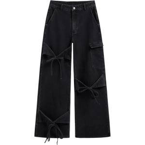 CIDER Baggy Jeans for Women Low Waisted Wide Straight Leg Bow Jeans Denim Pants(Black)