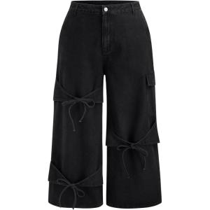 CIDER Baggy Jeans for Women Low Waisted Wide Straight Leg Bow Jeans Denim Pants(Black Plus Size)