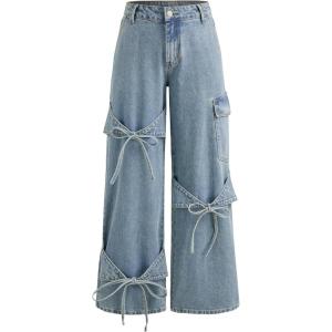 CIDER Baggy Jeans for Women Low Waisted Wide Straight Leg Bow Jeans Denim Pants(Blue)