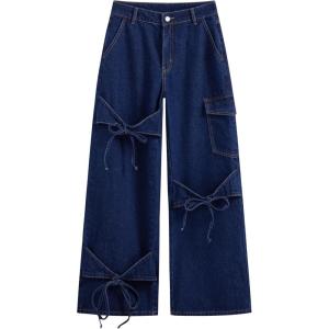 CIDER Baggy Jeans for Women Low Waisted Wide Straight Leg Bow Jeans Denim Pants(Dark Denim)