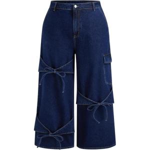 CIDER Baggy Jeans for Women Low Waisted Wide Straight Leg Bow Jeans Denim Pants(Dark Denim Plus Size)