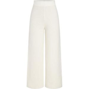 CIDER Lounge Pants Women Wide Leg Mid Waist Ribbed Knit Pants Casual Solid Warm Wool-Blend Sweatpants Fall Winter(White)