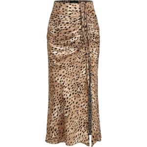 CIDER Spot Leopard Print Drawstring Split Maxi Skirt(Brown)