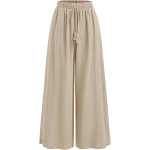 CIDER Women’s High Waisted Wide Leg Pants with Pockets Drawstring Palazzo Business Casual Dress Pants Loose Trousers(Beige)