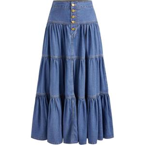 CIDER Women’s Long Jean Denim Tiered Button Down High Waisted Maxi Skirts(Mid Blue)