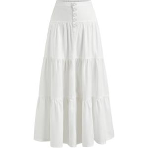 CIDER Women’s Long Jean Denim Tiered Button Down High Waisted Maxi Skirts(White)