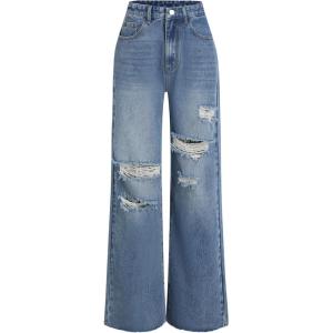 CIDER Women’s Ripped Jeans High Waisted Distressed Baggy Straight Wide Leg Pants(Blue)