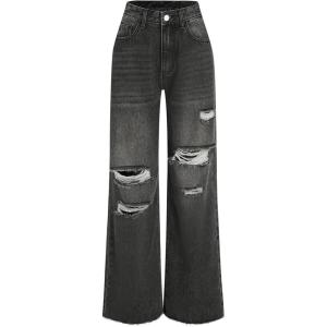 CIDER Women’s Ripped Jeans High Waisted Distressed Baggy Straight Wide Leg Pants(Carbon)
