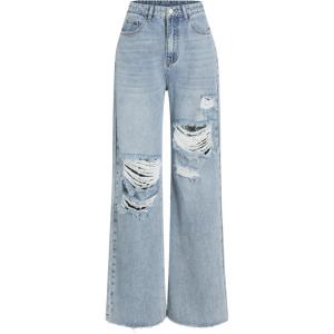 CIDER Women’s Ripped Jeans High Waisted Distressed Baggy Straight Wide Leg Pants(Denim)