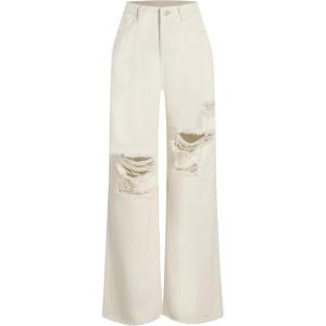 CIDER Women’s Ripped Jeans High Waisted Distressed Baggy Straight Wide Leg Pants(Ivory)