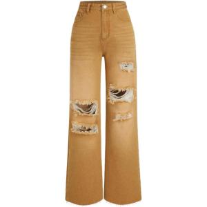 CIDER Women’s Ripped Jeans High Waisted Distressed Baggy Straight Wide Leg Pants(Khaki)