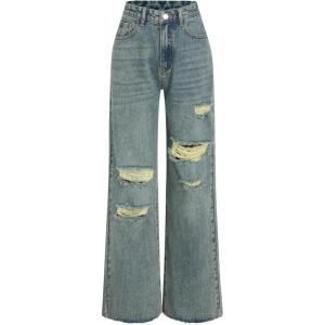 CIDER Women’s Ripped Jeans High Waisted Distressed Baggy Straight Wide Leg Pants(Navy Blue)
