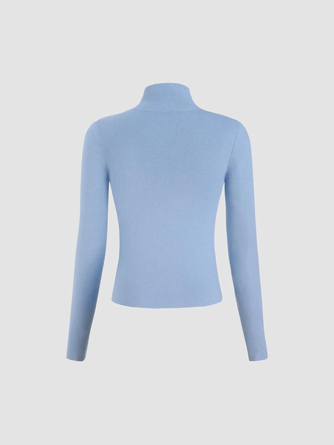 imageCIDER Mock Turtleneck Tops for Women Ribbed Knit Long Sleeve Slim Fitted Fall Solid Sweater T ShirtsBaby Blue