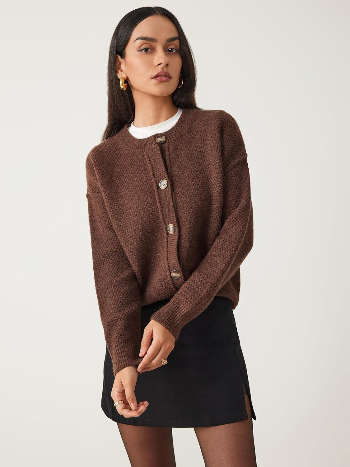 imageCIDER Womens Knit Cardigan Button Down Crew Neck Long Sleeve Open Front Thick Outerwear Winter OutfitCoffee