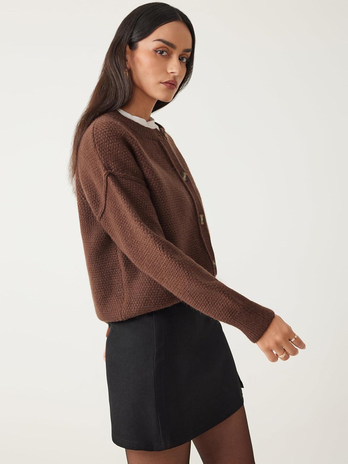 imageCIDER Womens Knit Cardigan Button Down Crew Neck Long Sleeve Open Front Thick Outerwear Winter OutfitCoffee