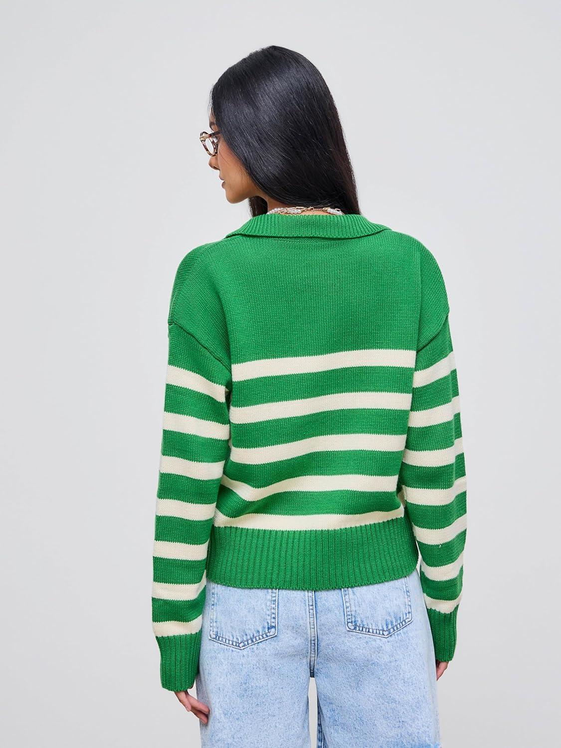 imageCIDER Womens Polo Sweater Striped Collared Lightweight Long Sleeve V Neck Pullover Fall Sweater Tops 2024Green