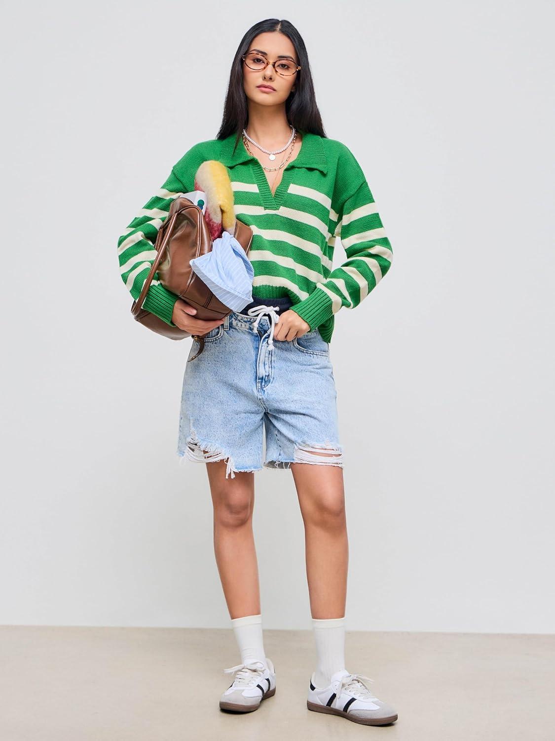 imageCIDER Womens Polo Sweater Striped Collared Lightweight Long Sleeve V Neck Pullover Fall Sweater Tops 2024Green