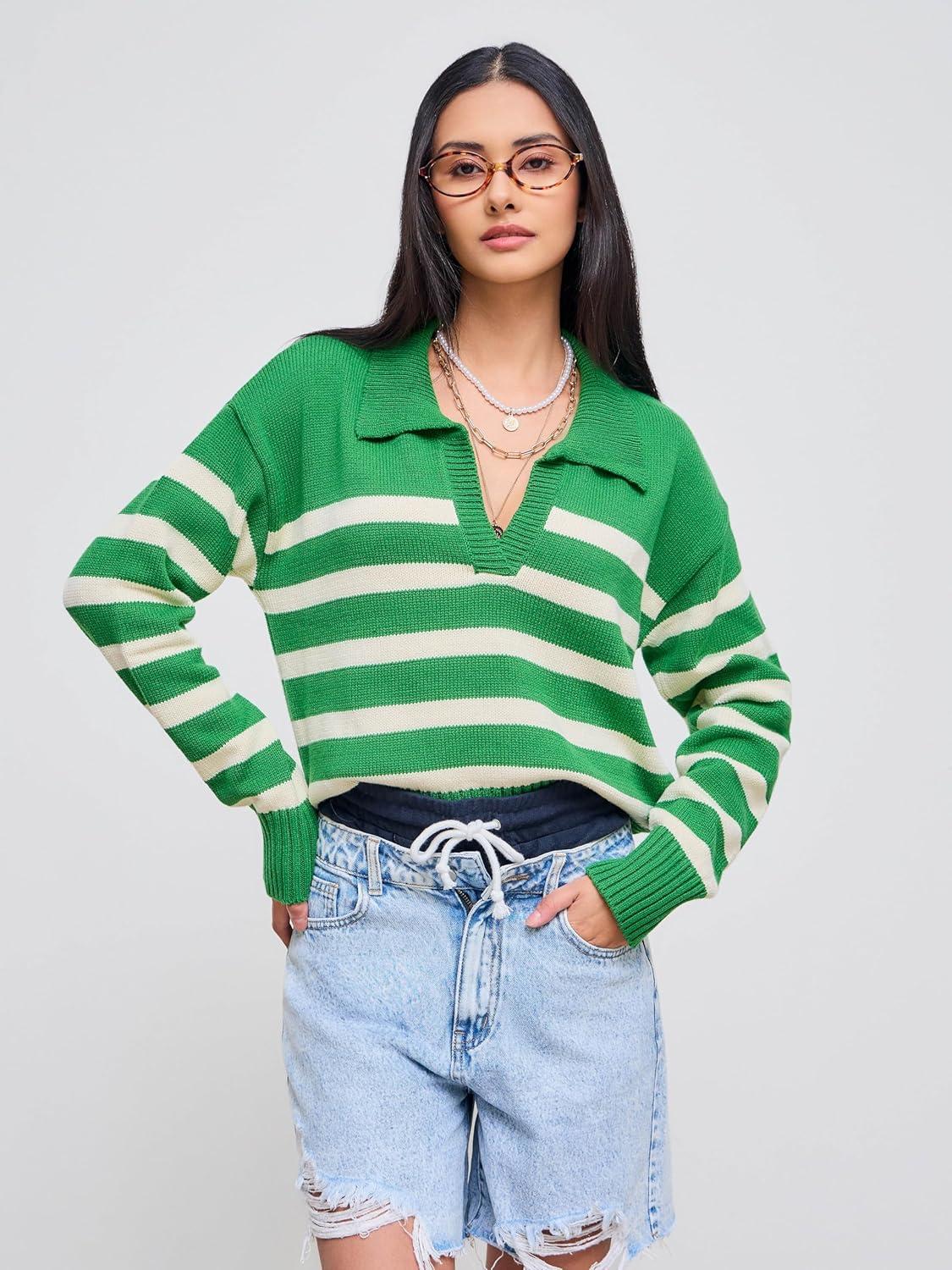 imageCIDER Womens Polo Sweater Striped Collared Lightweight Long Sleeve V Neck Pullover Fall Sweater Tops 2024Green