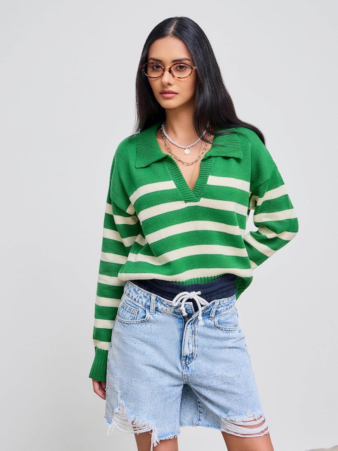imageCIDER Womens Polo Sweater Striped Collared Lightweight Long Sleeve V Neck Pullover Fall Sweater Tops 2024Green