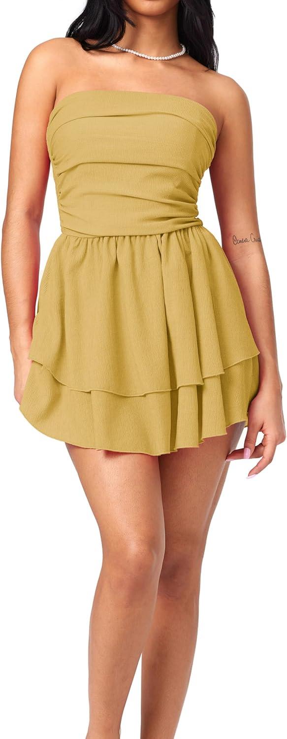 imageCIDER Womens Summer Cocktail Dress Tube Ruched Ruffle Mini DressYellow
