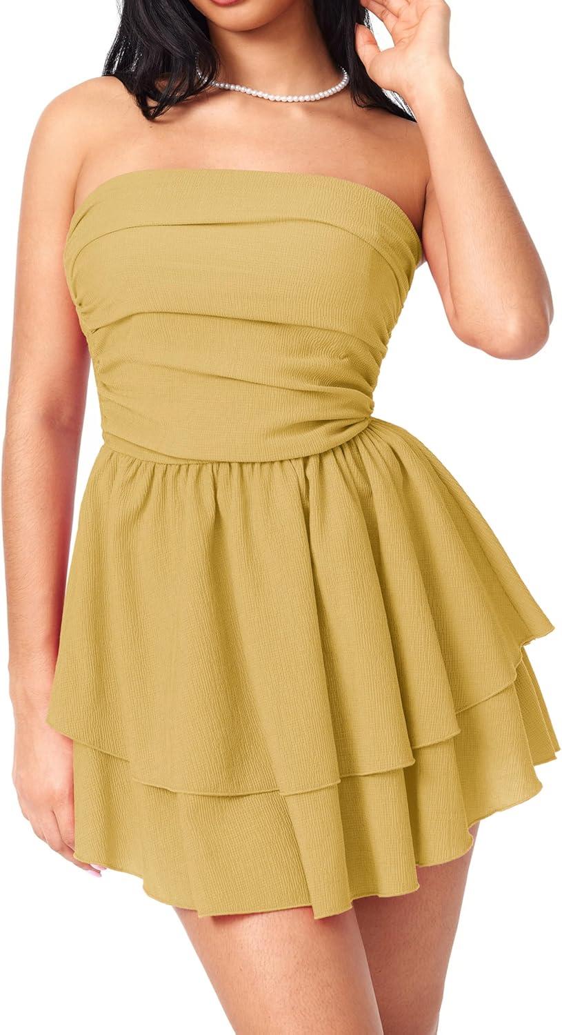imageCIDER Womens Summer Cocktail Dress Tube Ruched Ruffle Mini DressYellow