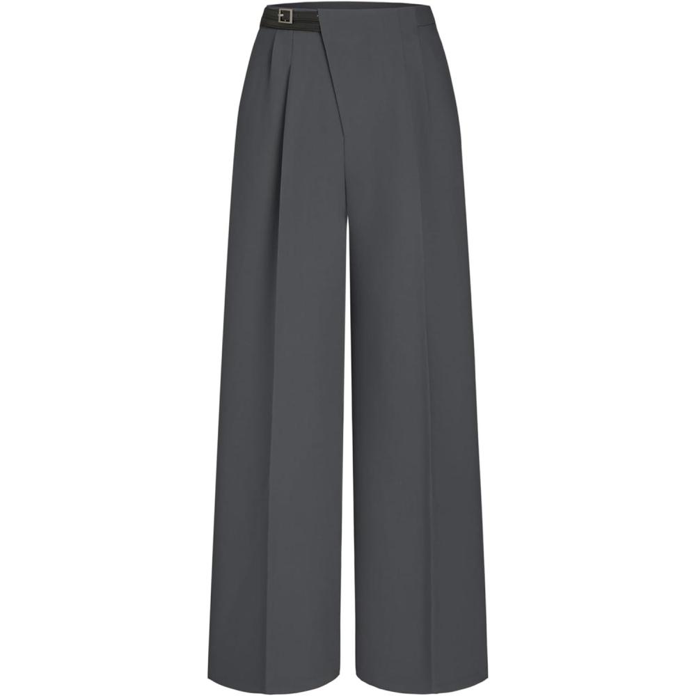 imageCIDER Belted Dress Pants Women High Waisted with Pockets Straight Leg Work Pants Business Casual Office TrousersDark Grey Run Small