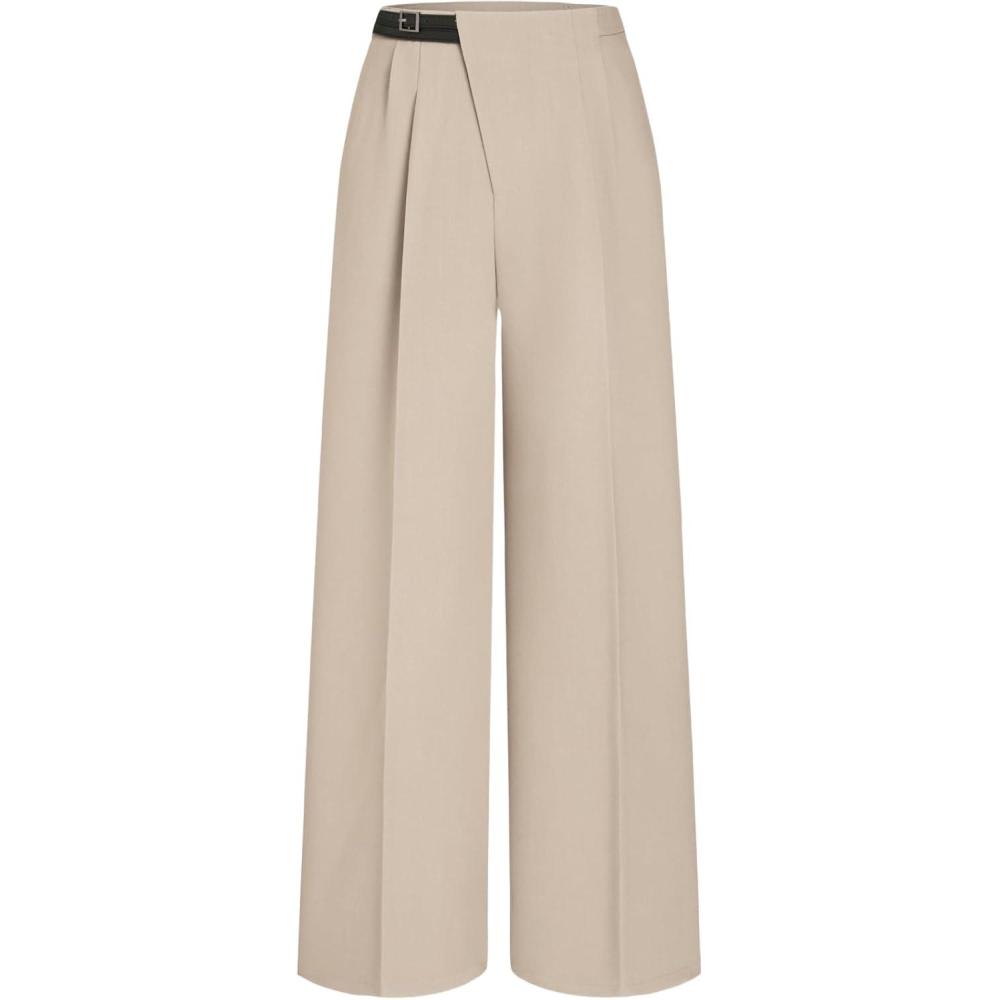imageCIDER Belted Dress Pants Women High Waisted with Pockets Straight Leg Work Pants Business Casual Office TrousersKhaki Run Small