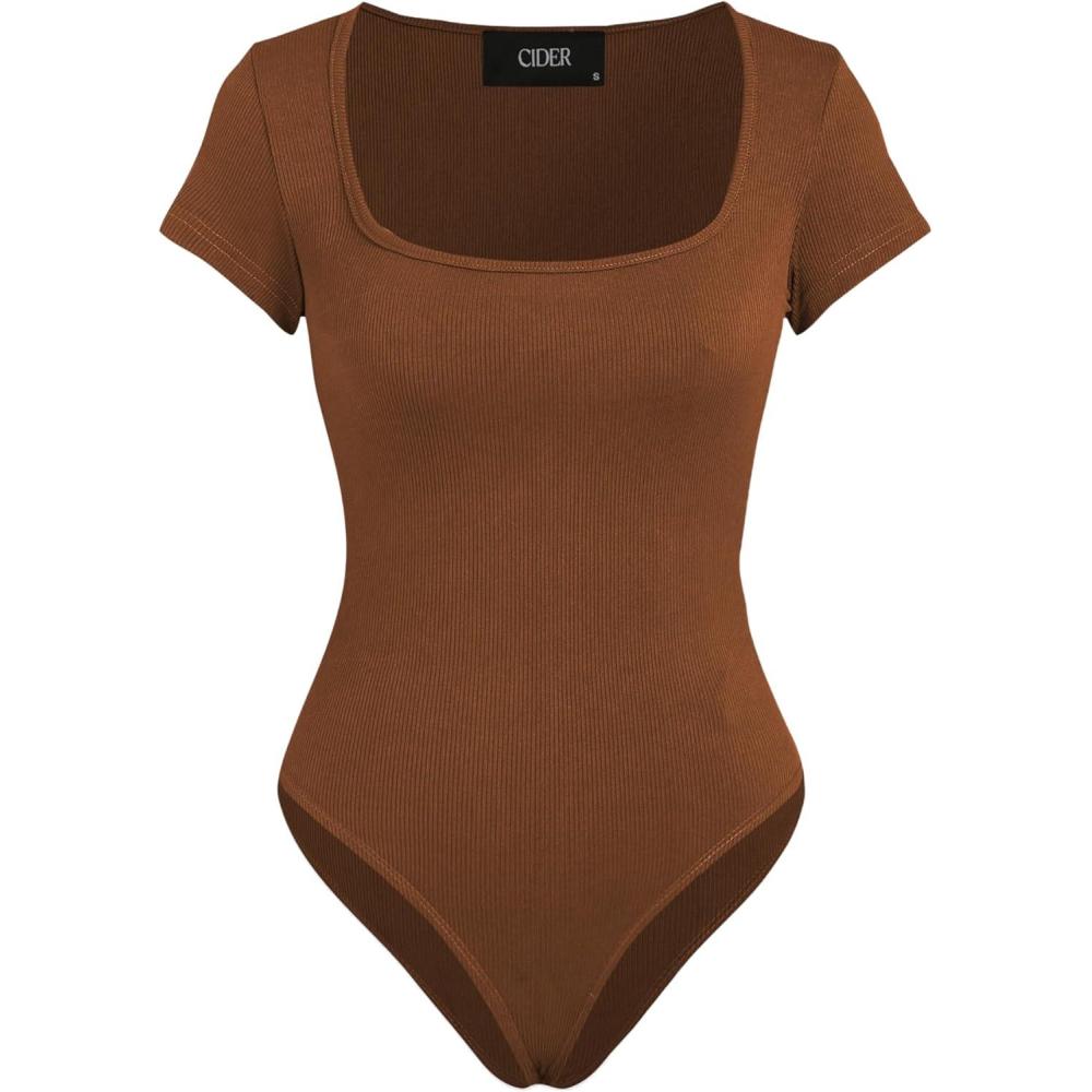 imageCIDER Bodysuits For Women Square Neck Short Sleeve Sexy Going Out Tops Basic Tee Shirts StreetwearBrown