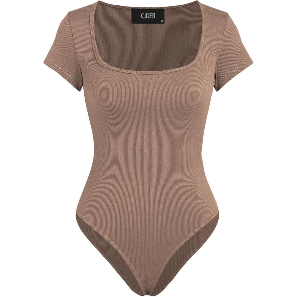 imageCIDER Bodysuits For Women Square Neck Short Sleeve Sexy Going Out Tops Basic Tee Shirts StreetwearCamel