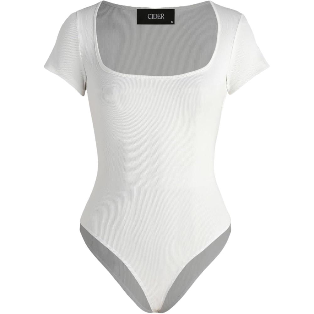 imageCIDER Bodysuits For Women Square Neck Short Sleeve Sexy Going Out Tops Basic Tee Shirts StreetwearWhite