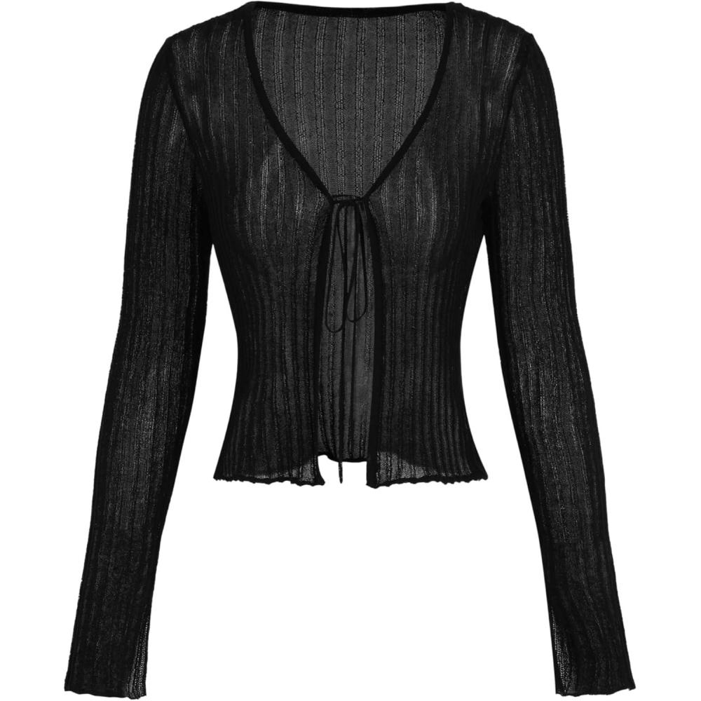 imageCIDER Cardigans for Women Trendy Bow Tie Front V Neck Long Sleeve Lightweight Shrug Sweater Ribbed Knit Crochet CardigansBlack