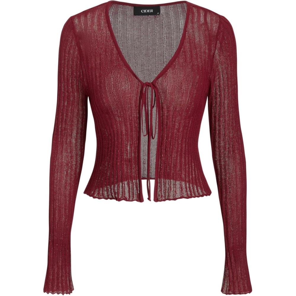imageCIDER Cardigans for Women Trendy Bow Tie Front V Neck Long Sleeve Lightweight Shrug Sweater Ribbed Knit Crochet CardigansRed