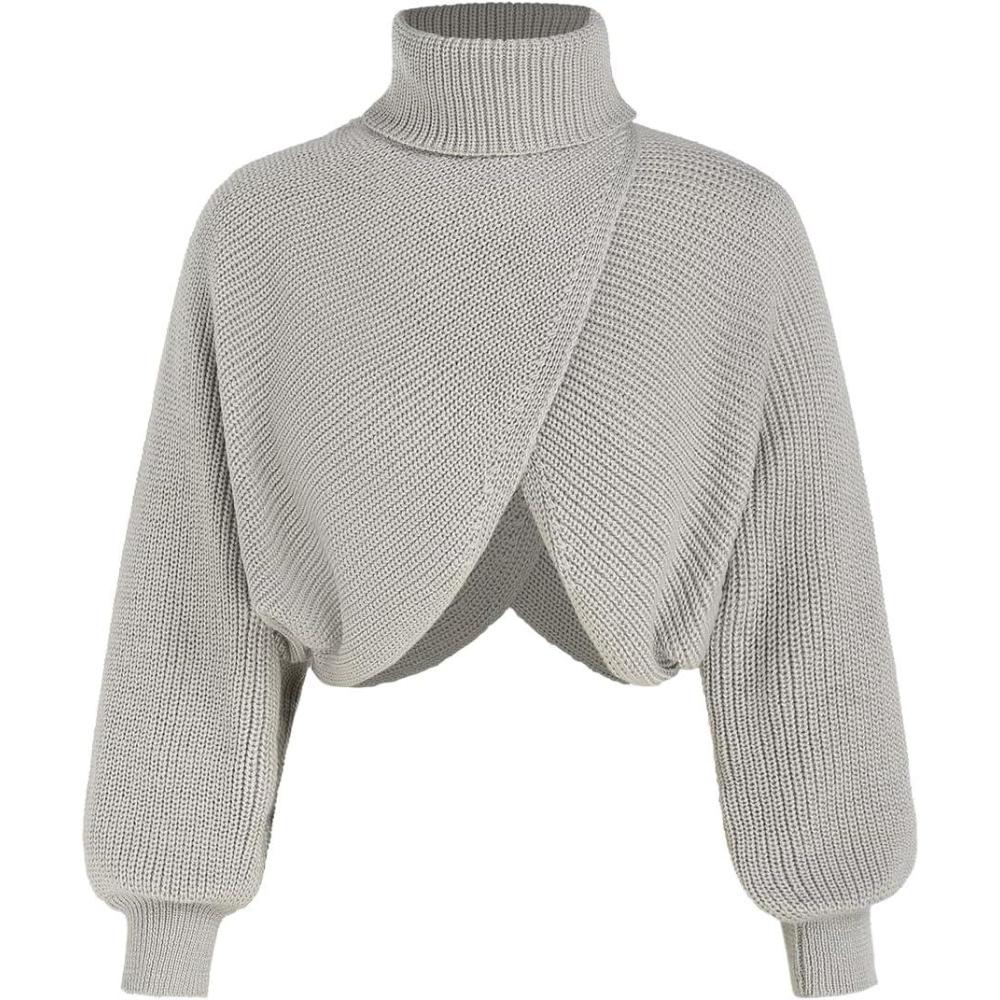 imageCIDER Cropped Sweaters for Women Turtleneck Sweater Long Sleeve Ribbed Knit Lantern Sleeve Pullover Fall OutfitsGrey
