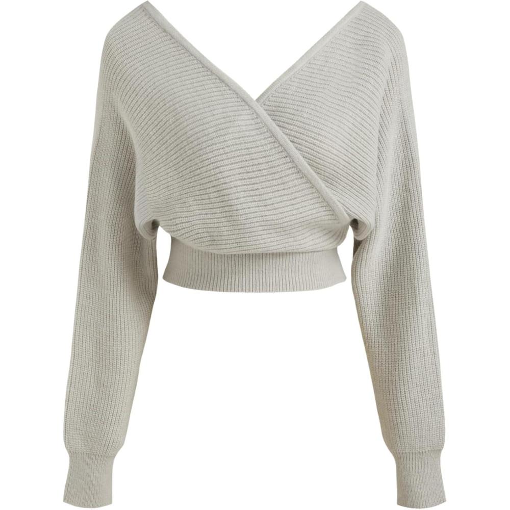 imageCIDER Cropped Sweaters for Women V Neck Wrap Cross Front Solid Knit Pullover Long Sleeve TopsGrey