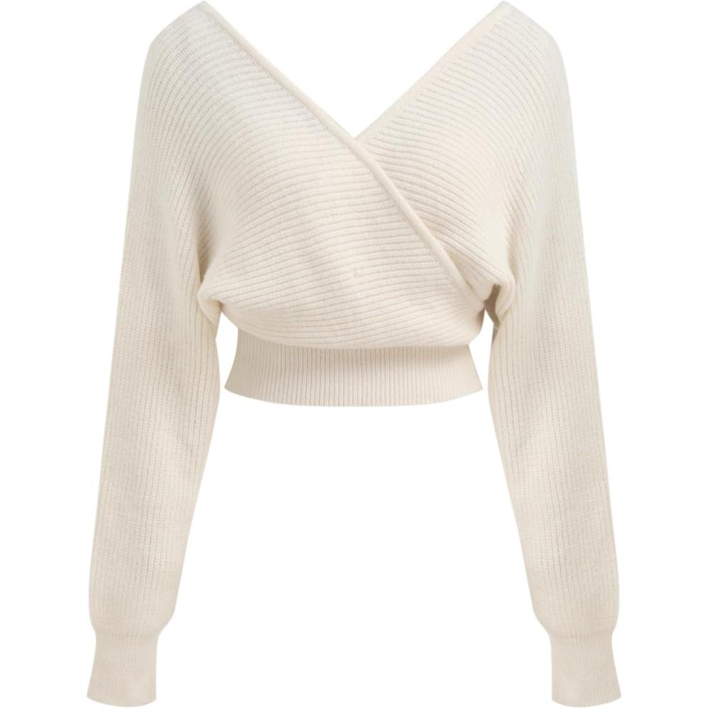 imageCIDER Cropped Sweaters for Women V Neck Wrap Cross Front Solid Knit Pullover Long Sleeve TopsIvory