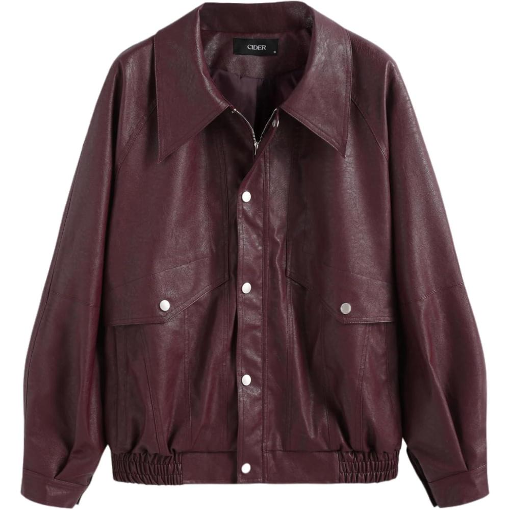 imageCIDER Faux Leather Zipper Jacket Womens Faux Leather Long Sleeve Zipper Jacket Trendy Cool CasualCarmine