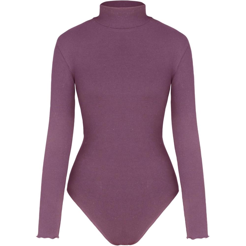 imageCIDER Long Sleeve Body Suits for Women  Mock Turtleneck Solid Going Out Tops Stretchy Bodysuit Jumpsuit Winter SpringPurple