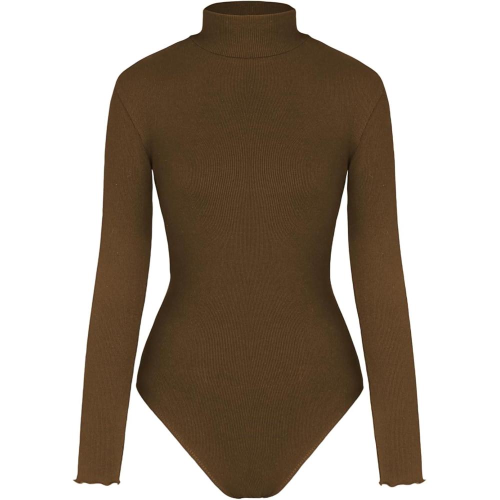 imageCIDER Long Sleeve Body Suits for Women  Mock Turtleneck Solid Going Out Tops Stretchy Bodysuit Jumpsuit Winter SpringTan
