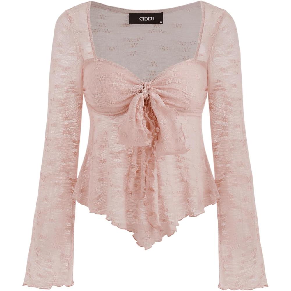 imageCIDER Mesh Tops Women Lace Square Neck Knotted Y2K Bell Sleeve Going Out Crop Top T ShirtsPink