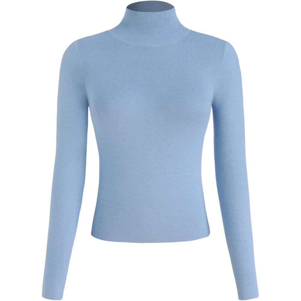 imageCIDER Mock Turtleneck Tops for Women Ribbed Knit Long Sleeve Slim Fitted Fall Solid Sweater T ShirtsBaby Blue